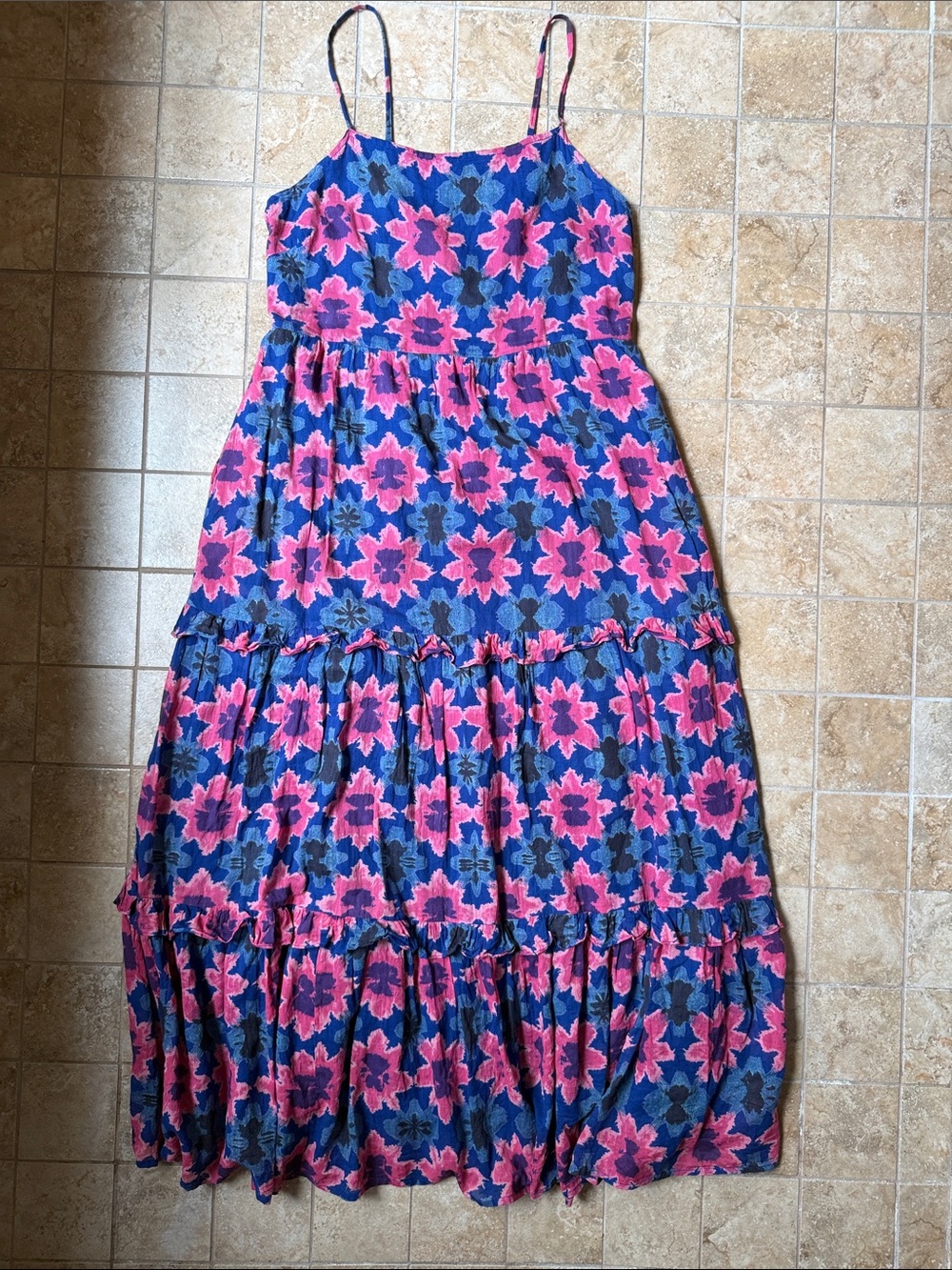 Banjanan Hazel Maxi Dress Shibori Blue Pink Smocked Tiered Ruffled Skirt Pockets
